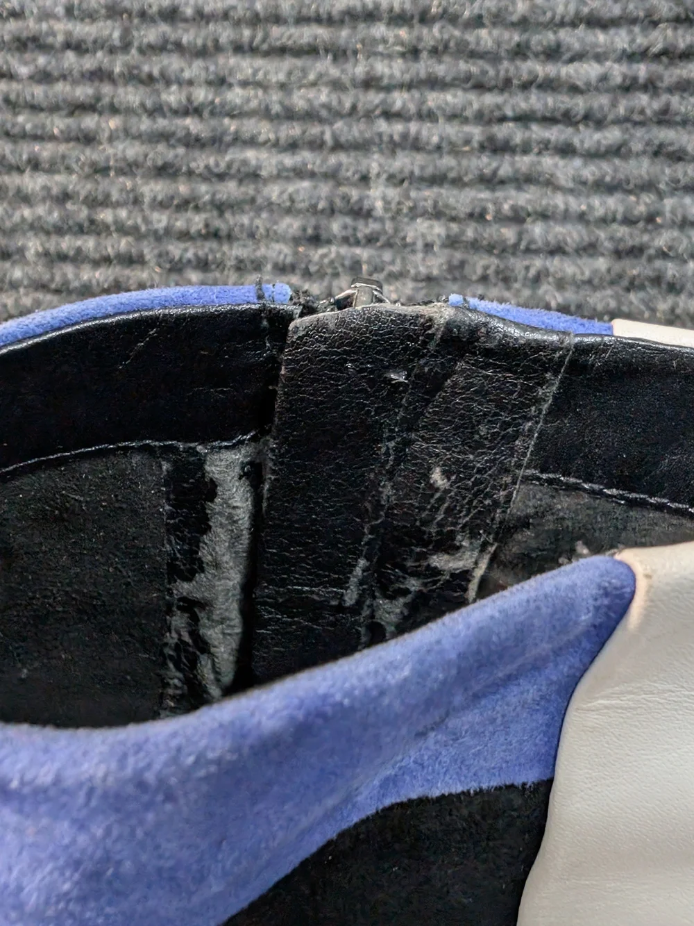 Sam Edelman Black Suede Ankle Boots with Cream Leather Heel and Blue Suede Cuff